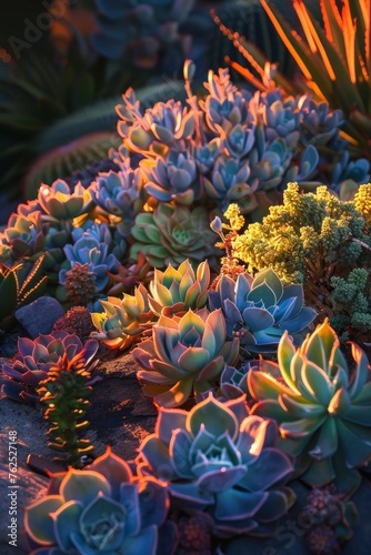 Enchanting succulent garden illuminated by the warm glow of a setting sun - Diverse array of succulents from rosette forming echeverias to towering aloes created with Generative AI Technology