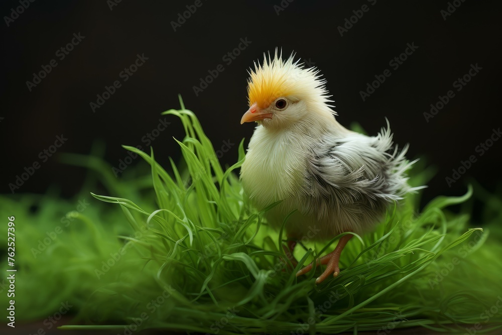 Fluffy Little chicken green grass. Farm bird. Generate Ai