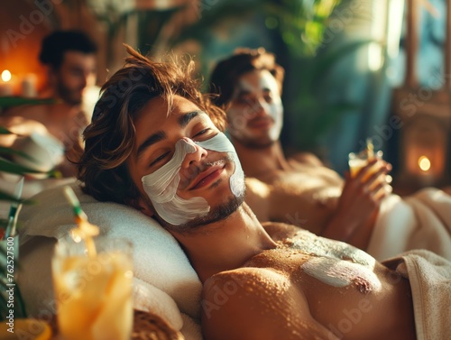 A group of men enjoying a spa day together, applying face masks and relaxing