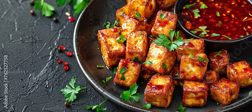 Delicious plate of crispy tofu with spicy sauce, Asian food concept