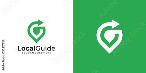 Creative Local Guide Logo. Location, Map, Pin, Point, Route with Modern Minimalist Style. Direction Arrow Logo Icon Symbol Vector Design Inspiration.