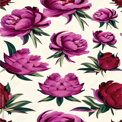 Floral vintage seamless pattern with pink flower peonies and green leaves