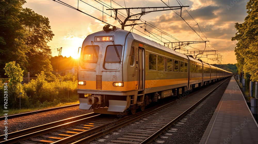 A commuter train in HDR during the golden hour, with the soft sunlight creating a serene and peaceful commute scene.