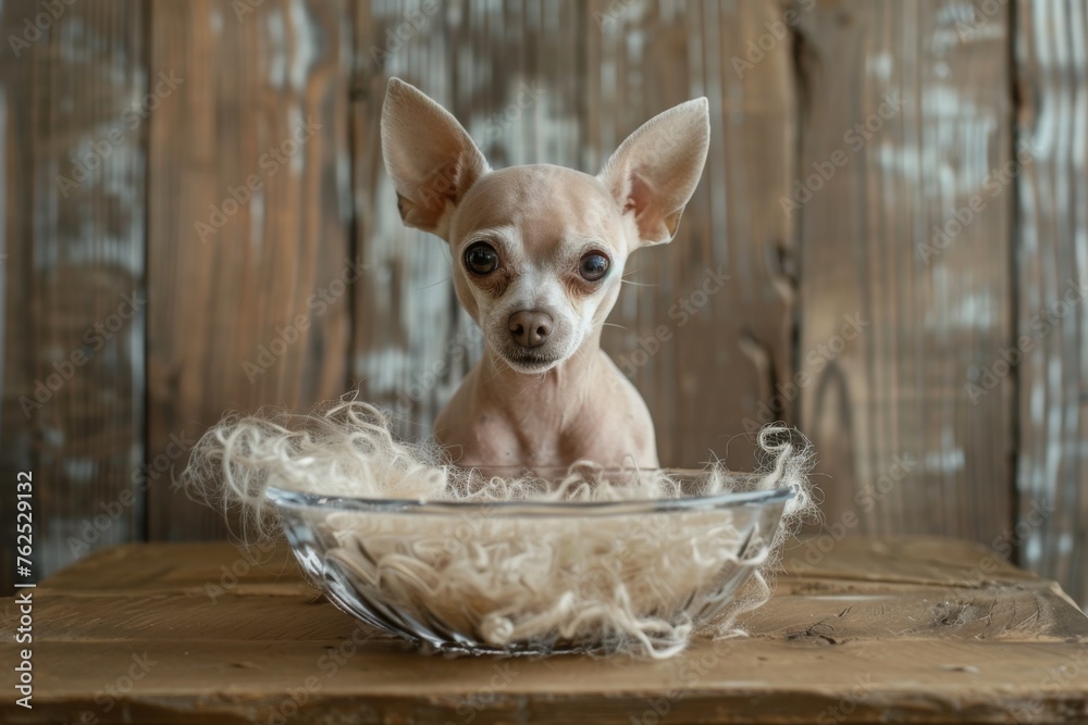 Hairless dog with chihuahua and glass bowl full of hair on wooden table isolated background. Front view. Horizontal view. Hairless dog with chihuahua and glass bowl full of hair on wooden table isolated background. Front view. Horizontal view.