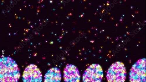 Easter eggs backdrop, glowing led lights, colorful and bright bulb dots panel. Seamless 4K motion graphics background set, different colors combinations.