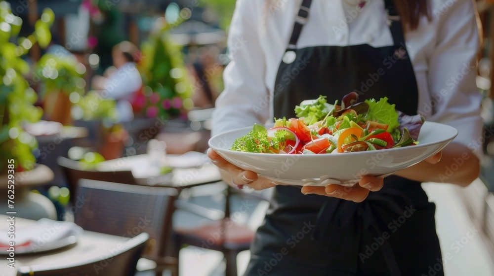 waitress holding a plate of salad waitress holding a plate of salad