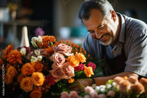 smiling senior florist creates bouquet of roses in a flower shop.