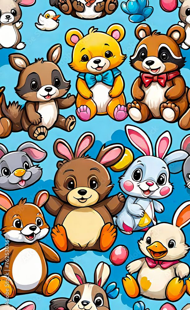 Naklejka premium Watercolor illustration, seamless children's pattern with plush toys, template for print on fabric, paper, wrapper,