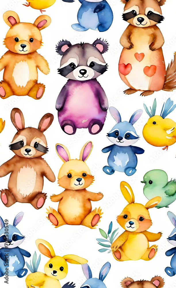 Obraz premium Watercolor illustration, seamless children's pattern with plush toys, template for print on fabric, paper, wrapper,