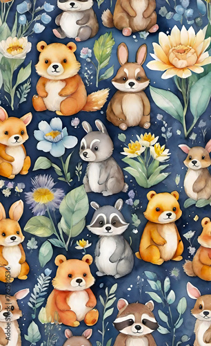 Watercolor illustration  seamless children s pattern with plush toys  template for print on fabric  paper  wrapper 