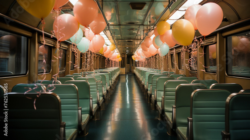 Colourful Balloons flying inside Railway Train,Interior of old a subway car with seats. Generative AI