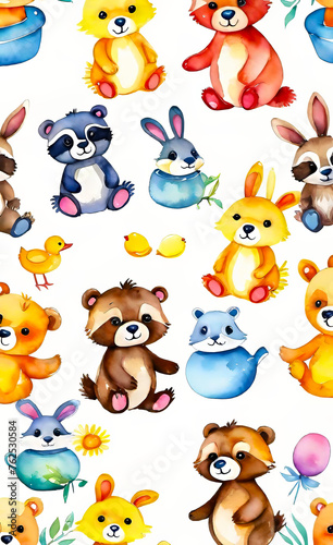 Watercolor illustration, seamless children's pattern with plush toys, template for print on fabric, paper, wrapper,