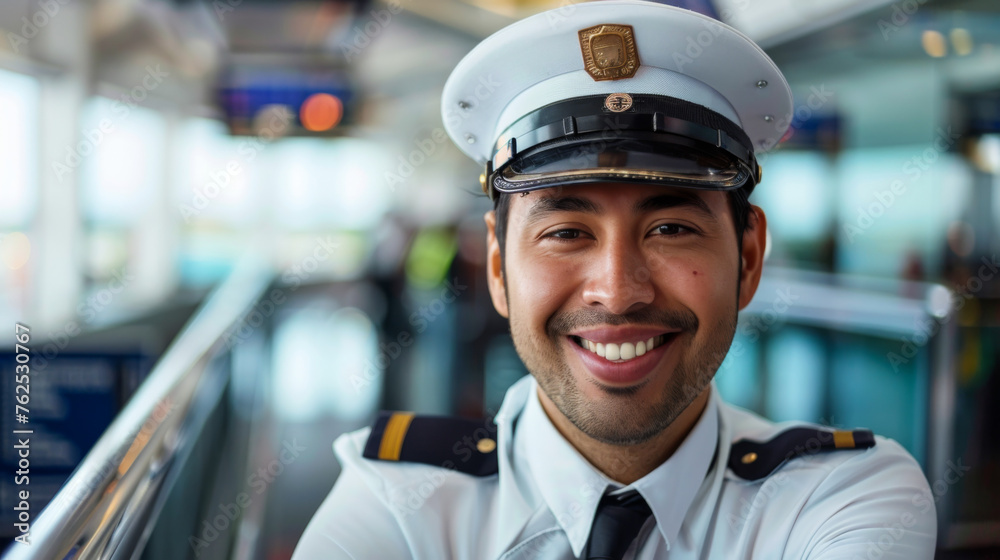 Commercial Latin pilot with a warm smile in airport terminal Commercial Latin pilot with a warm smile in airport terminal