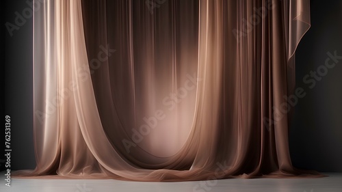 A visually stunning image portrays a mesmerizing wall adorned with an array of iridescent organic natural beige and brown tulle curtains backdrop in a studio set up.