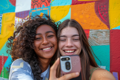 Two diverse young women, teenage friends, taking a selfie together. Embody youth and togetherness, smiling carefreely. photo