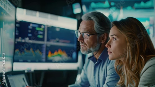 Two professionals analyzing financial data on computer screens. Finance and business concept.  photo