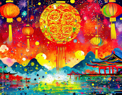 AI generated colorful painting of a chinese city with a lot of chinese lanterns