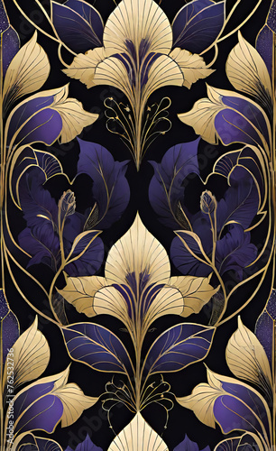 Vector illustration, art deco golden seamless floral pattern on black background with shades, Vintage geometric line motif, Elegant luxury design for wallpaper print, packaging, wrapping paper, weddin