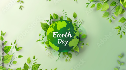 Earth Day illustration of planet earth with green branches on a light green background with the inscription Earth Day and copy space, holiday banner on ecology themes