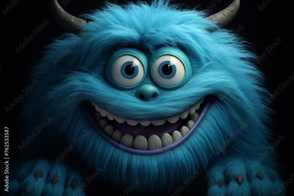 Enigmatic Smiling blue monster. Cute funny. Generate Ai
