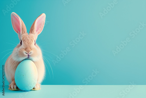 Adorable Easter bunny rabbit peeping behind Easter egg on blue background