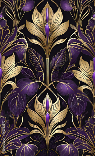 Vector illustration, art deco golden seamless floral pattern on black background with shades, Vintage geometric line motif, Elegant luxury design for wallpaper print, packaging, wrapping paper, weddin