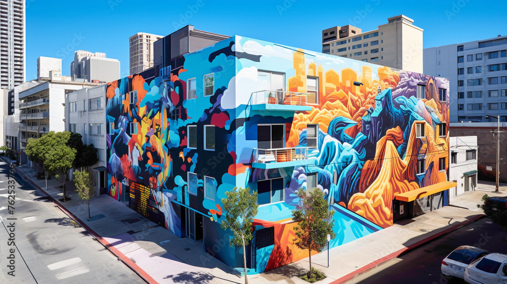 Immerse yourself in the eclectic charm of a cityscape adorned with a vibrant street art mural.