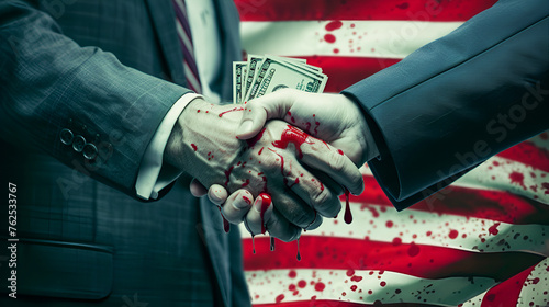 handshake of hands in business suits covered in blood against the backdrop of an American flag and dollar bills spattered with drops of blood. The concept of corruption, bribes and corrupt politicians