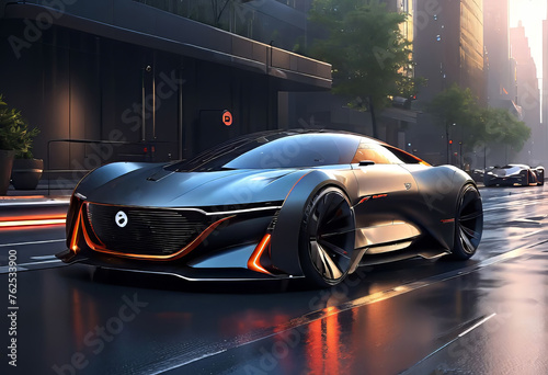 Futuristic future car concept, realistic science fiction, dark metal car on the road in the city,