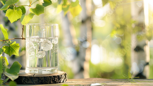 A glass of fresh birch sap, against the backdrop of a birch grove in the rays of the spring sun with a copy space.