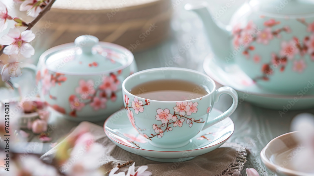 Relaxing afternoon tea in spring with cherry blossom porcelain tea set Relaxing afternoon tea in spring with cherry blossom porcelain tea set