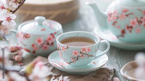 Relaxing afternoon tea in spring with cherry blossom porcelain tea set