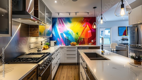 A stylish and functional kitchen with a feature wall featuring a bold and colorful backsplash, adding a pop of personality to the space.