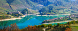 Italian scenic places . beautiful lake Turano and village Colle di tora and Castel di tora. Rieti province, Italy