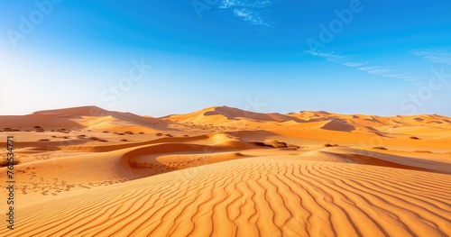 Vast Sandy Landscape of Sahara Desert - The breathtaking Sahara Desert captured during daytime, showcasing vast sandy dunes under a clear blue sky, exuding a sense of solitude and heat