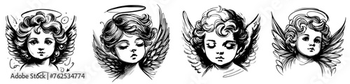 angelic cherub heads with wings cute child angels black vector laser cutting engraving photo
