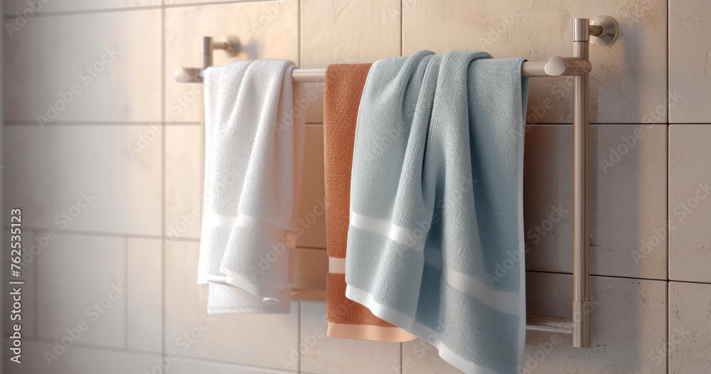 Fototapeta premium A Soft, Clean, White Towel Elegantly Draped on a Metal Rack in a Modern Bathroom with Beige Tiles