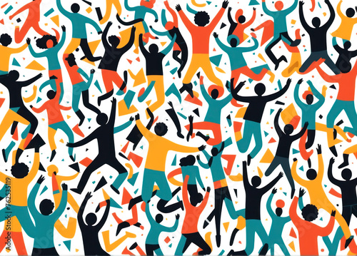 Crowd of happy people jumping and dancing. Different color and ethnicity vector illustration. Multiculturality. 