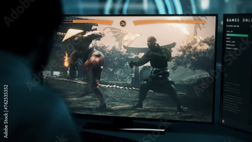 Player suffering the defeat in the modern fighting game simulator. Defeat versus the enemy character in the fighting game. Losing screen after the defeat in the melee combat fighting game. photo