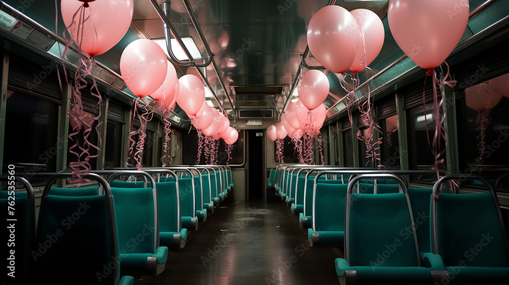 Pink Balloons flying inside Railway Train,Interior of old a subway car ...