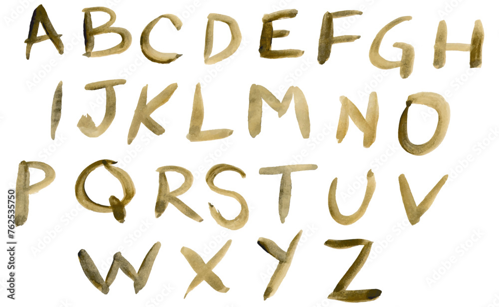 Complete alphabet, hand-drawn with a brush. Watercolor freehand typography, isolated on a white background. Brush texture, drawn with golden ocher ink paint Letters gold in vector. Complete font types Complete alphabet, hand-drawn with a brush. Watercolor freehand typography, isolated on a white background. Brush texture, drawn with golden ocher ink paint Letters gold in vector. Complete font types