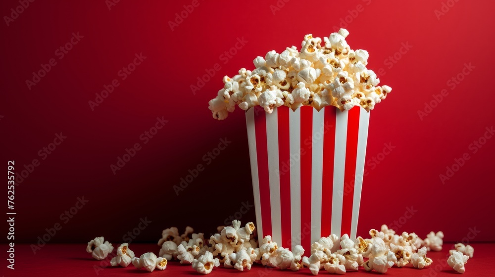 Popcorn Bucket Overflowing With Freshly Popped Popcorn on Red Background
