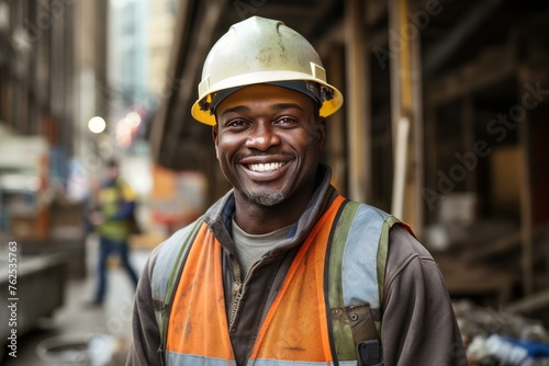 Cheerful Construction smiling worker standing. Safety work. Generate Ai