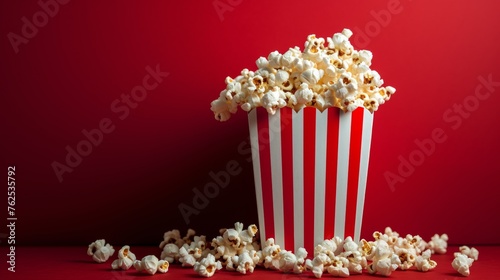 Popcorn Bucket Overflowing With Freshly Popped Popcorn on Red Background