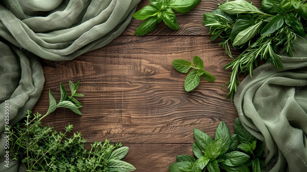 Aromatic herbs on a textured wooden table draped with a green fabric, evoking culinary art