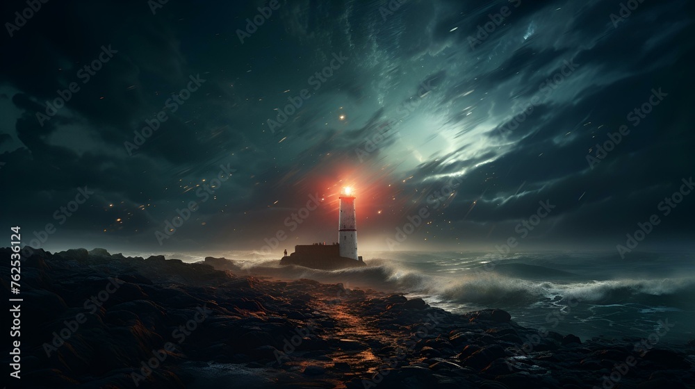 Amazing starry night above shore with glowing lighthouse
