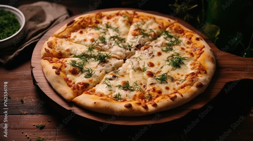 Delicious cheese pizza with sausage on a wooden tray in the kitchen. Delicious cheese pizza with sausage on a wooden tray in the kitchen.