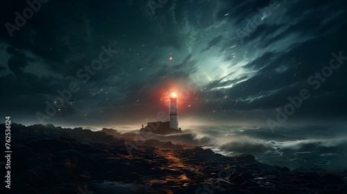 Amazing starry night above shore with glowing lighthouse 