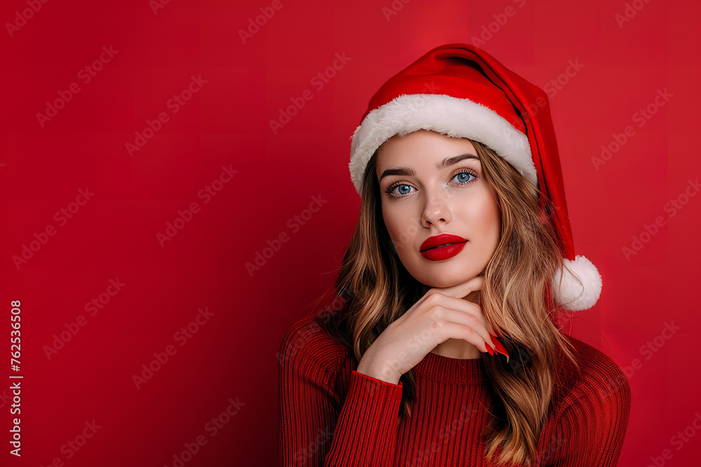 Photo of funny pretty lady celebrate winter holidays dreamy look empty space think family party hand on chin x-mas concept wear santa cap red isolated red color background Photo of funny pretty lady celebrate winter holidays dreamy look empty space think family party hand on chin x-mas concept wear santa cap red isolated red color background