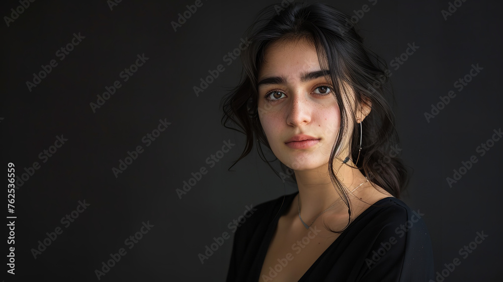 Portrait photo of beautiful Turkish woman taken in a full black background Portrait photo of beautiful Turkish woman taken in a full black background
